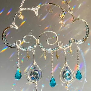 Silver Moon Stars Rain Cloud Crystal Suncatcher, 18k Gold-Plated celestial raindrop lightning boho witchy decor Prism gift rainbow maker
