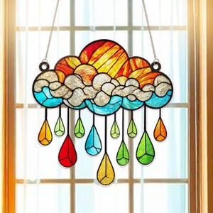 Colorful Cloud and Rain Acrylic Suncatcher Window Hanging | Whimsical Rainbow Rain Decor | Cute Weather Window Ornament Gift Idea