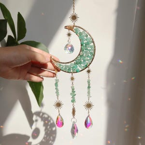 Green Moon Crystal Suncatcher Hanging, Housewarming Gift, Aventurine Sun Catcher Crescent Moon, Boho Home Decor Suncatcher, Rainbow Maker