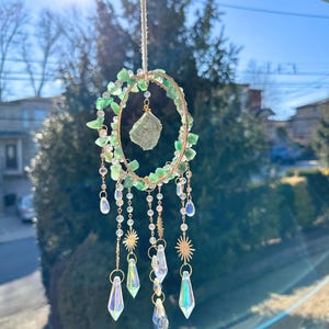 Green Aventurine Crystal Suncatcher: Rainbow Prism Boho Window Hanging